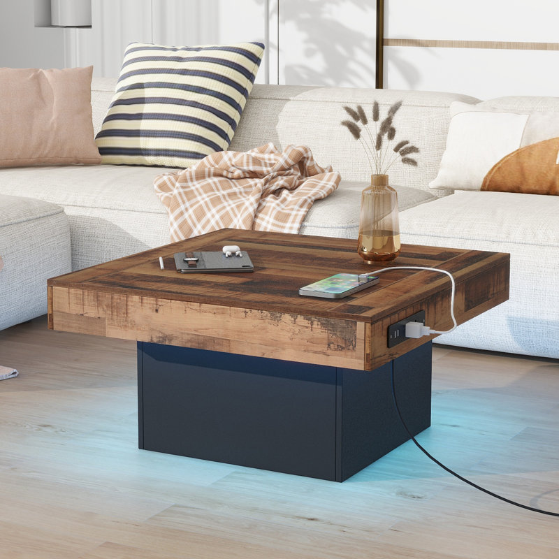 Farmhouse Coffee Table Spliced Wood Grain Design LED Light Charging Station With USB Ports And Outlets Brown Black